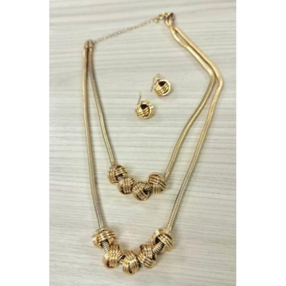 Gold-Tone Double Layer Snake Knotted Bead Necklace Earrings Set Adjust Chain 10"